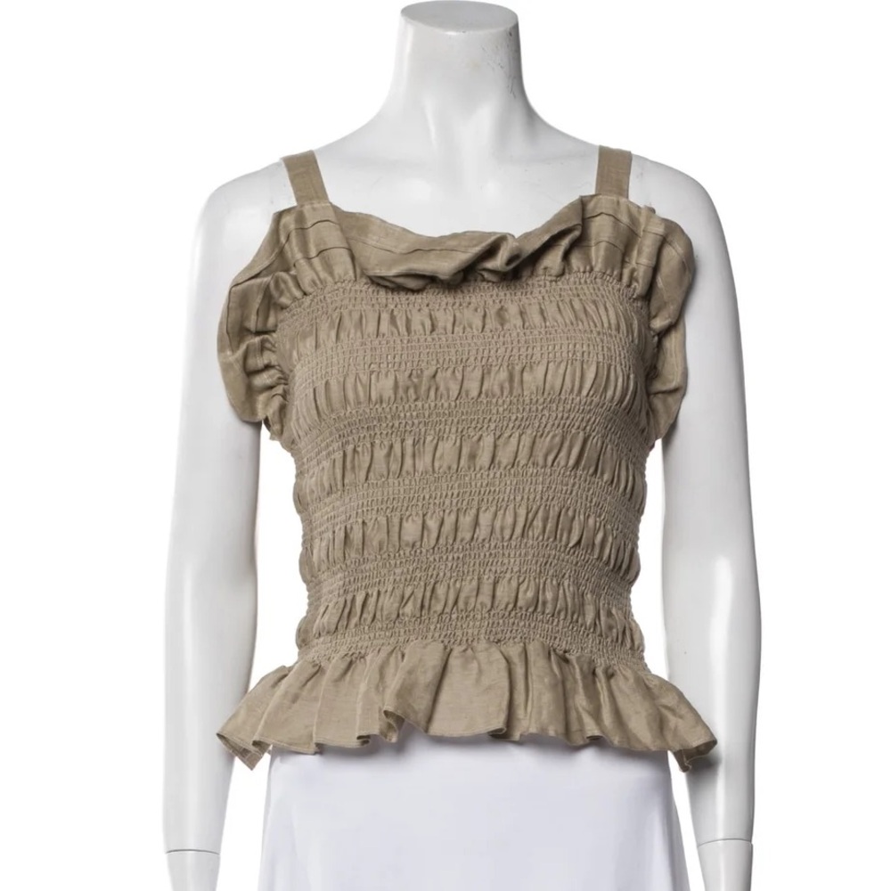 Christy Lynn Linen Tan Smocked Tank Top - Size Medium - Neutral Coastal Designer